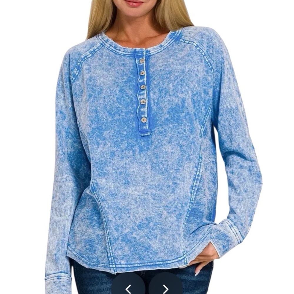 Zenana Outfitters Light Blue Mineral-Wash Henley Long Sleeve Top French Terry